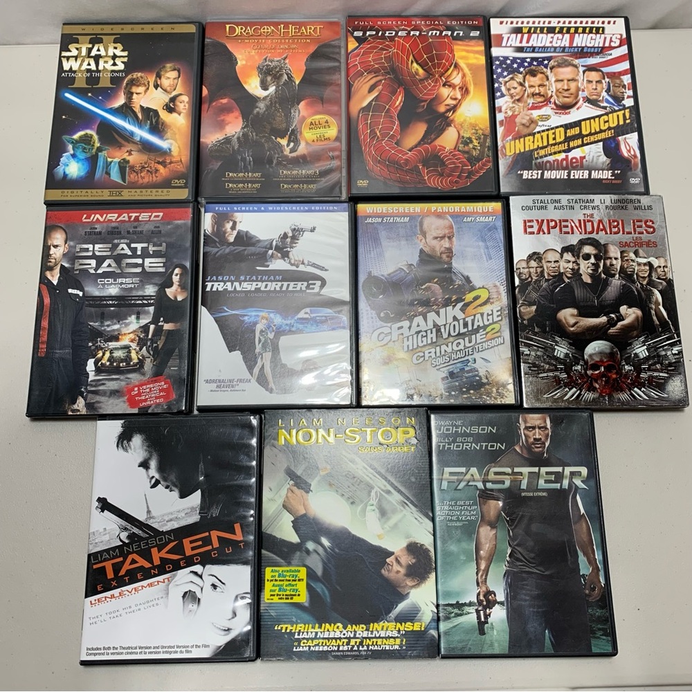 Bundle of 11 Action DVD Movies, Spider-man2,Taken,Star Wars2,The Expendables